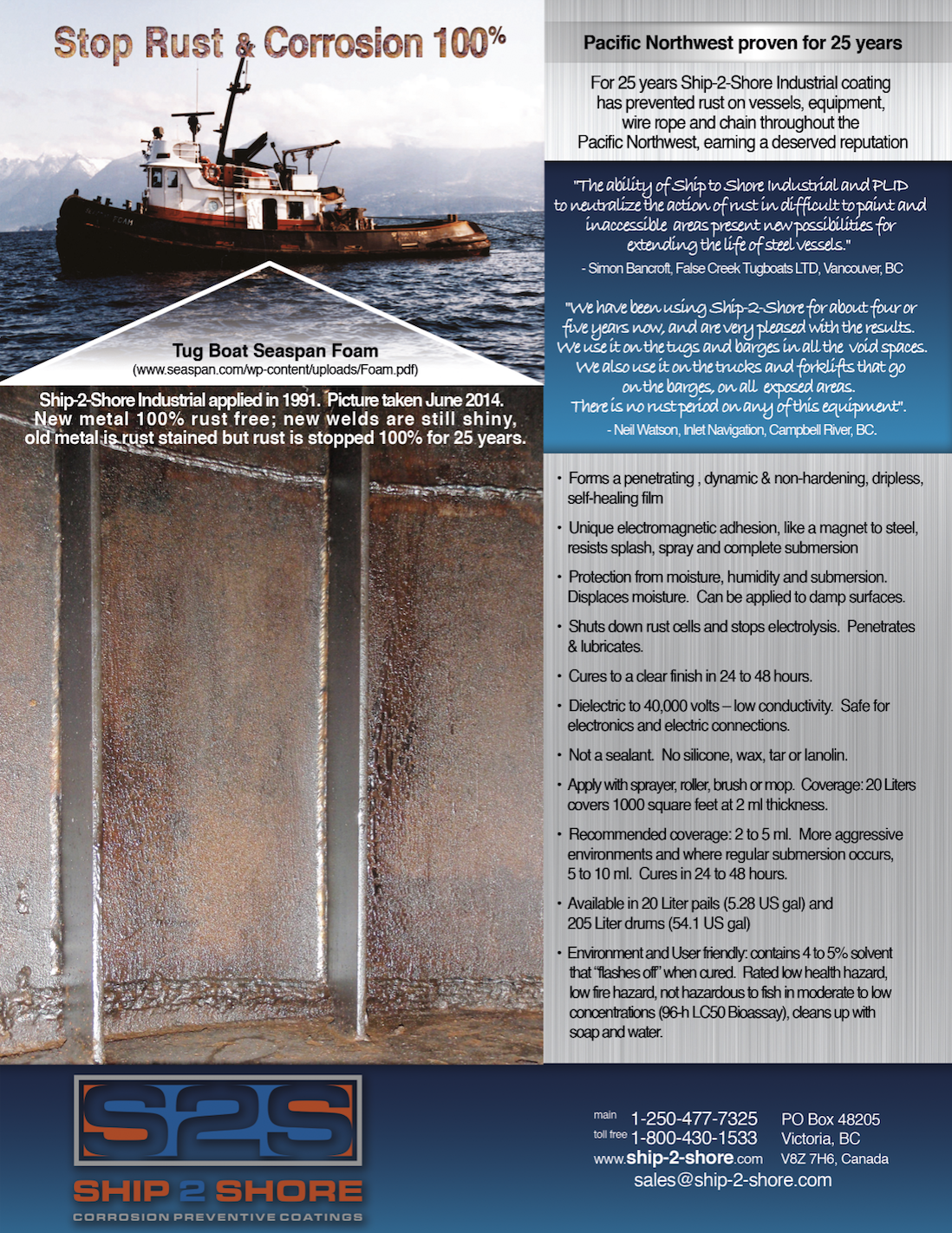 Ship-2-Shore Industrial Thick Film prevent rusting and corrosion for maritime work boats, tugboats, navy vessels, barges, wire rope, chains, anchors by displacing moisture, penetrating existing rust and corrosion